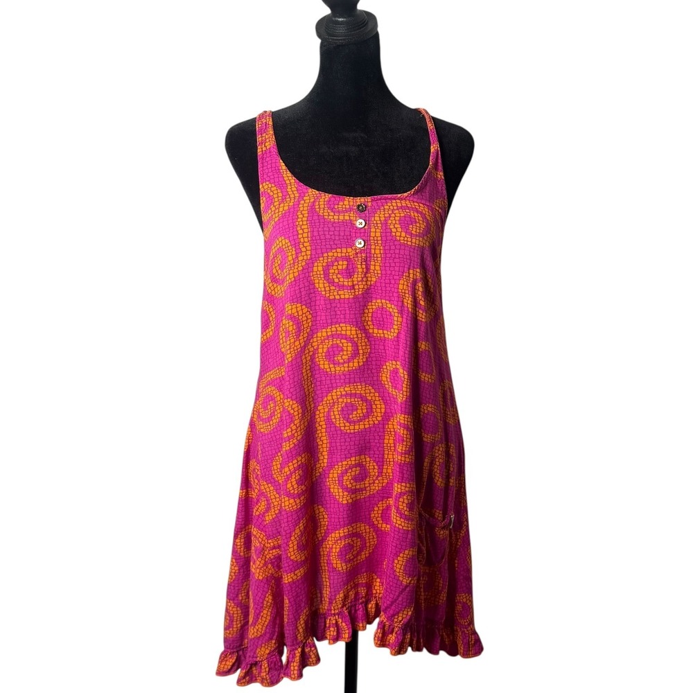 BOHO Psychedelic Pink Orange Ruffle Sleep Dress Womens S Loungewear Sleeveless